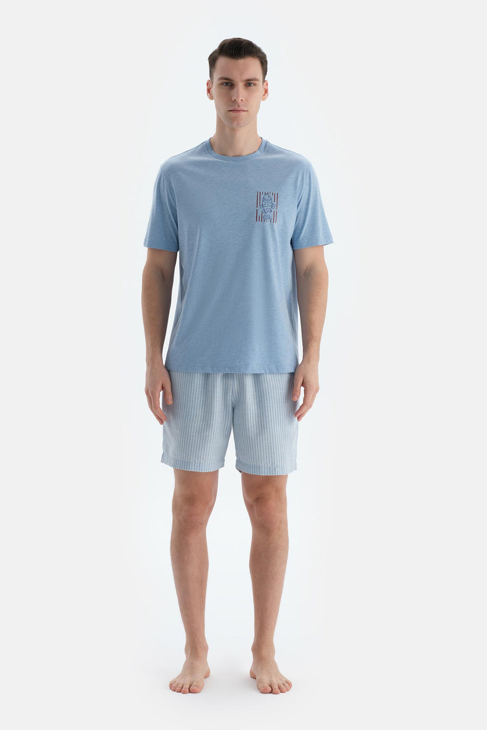 Mavi Melanj Baskı Detaylı Kısa Kollu Tişört Şort Pijama Takımı