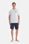 Ekru Baskı Detaylı Bisiklet Yaka Tişört Şort Pijama Takımı
