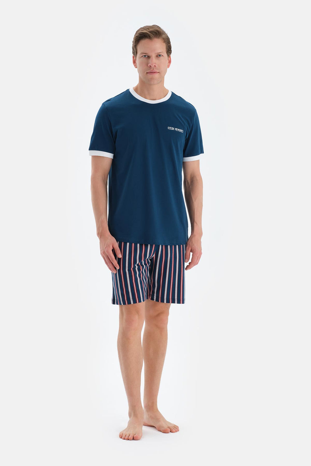 Lacivert Slogan Baskı Detaylı Kısa Kollu Tişört Şort Pijama Takımı