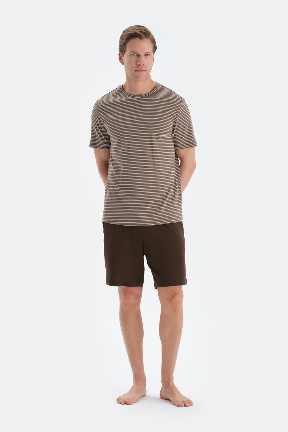 Açık Kahve Çizgili Kısa Kollu Tişört Şort Pijama Takımı