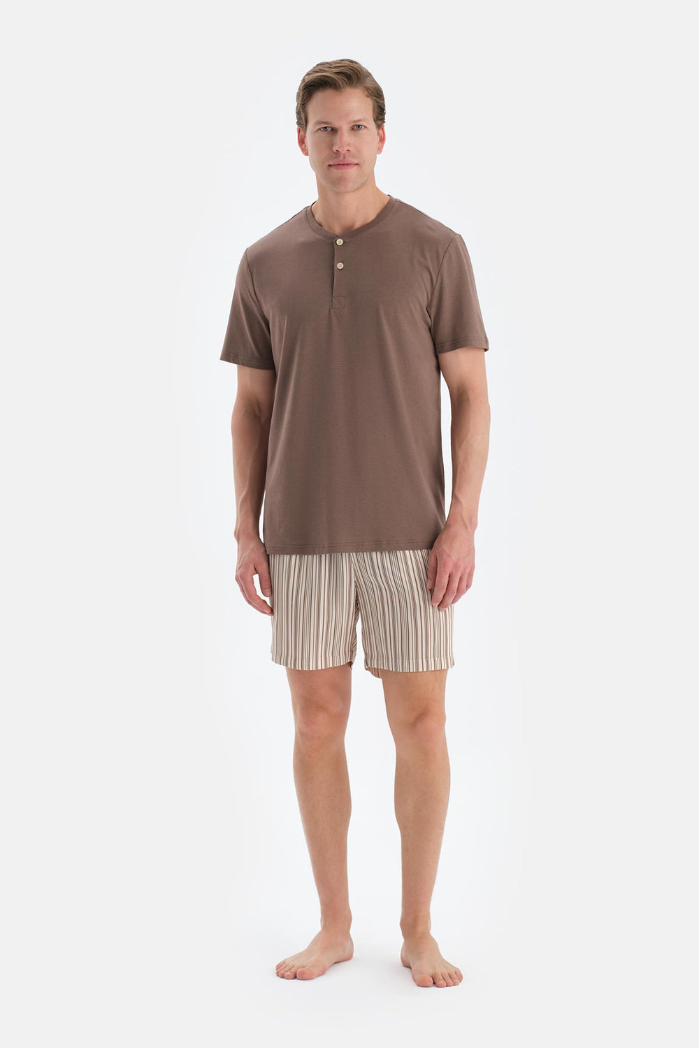 Açık Kahve Yarım Patlı Kısa Kollu Tişört Şort Pijama Takımı