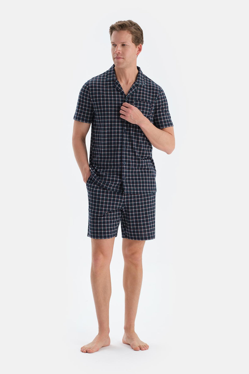 Lacivert Ekoseli Gömlek Şort Pijama Takımı