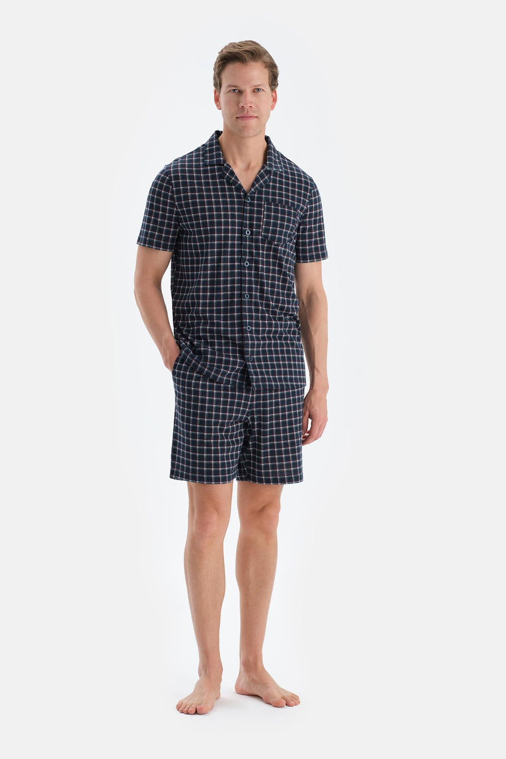 Lacivert Ekoseli Gömlek Şort Pijama Takımı