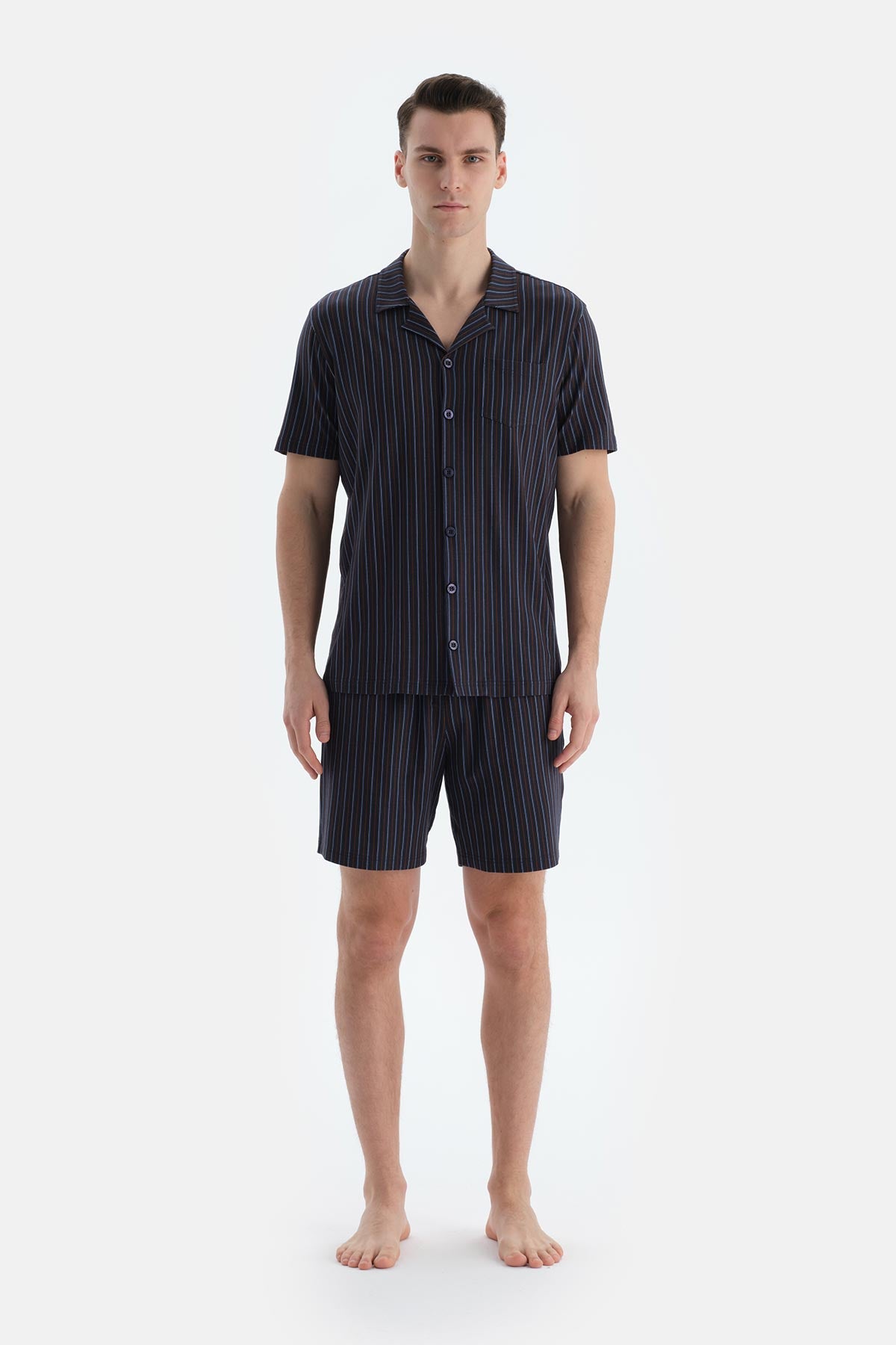 Lacivert Çizgili Gömlek Şort Pijama Takımı