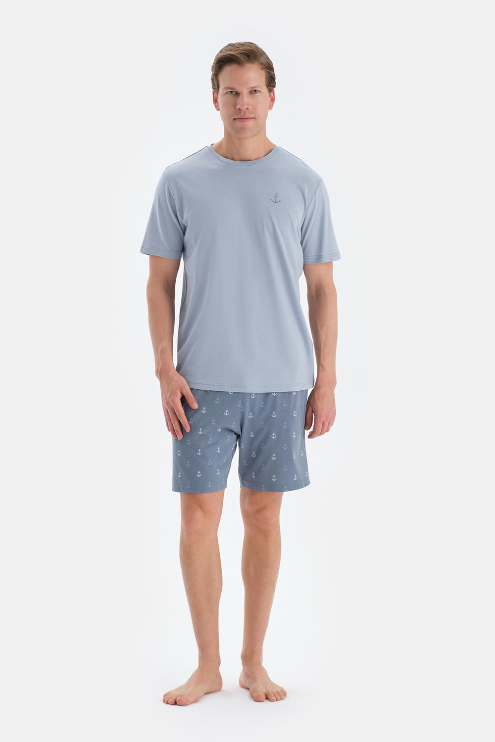 Açık Mavi Baskı Detaylı Kısa Kollu Tişört Şort Pijama Takımı