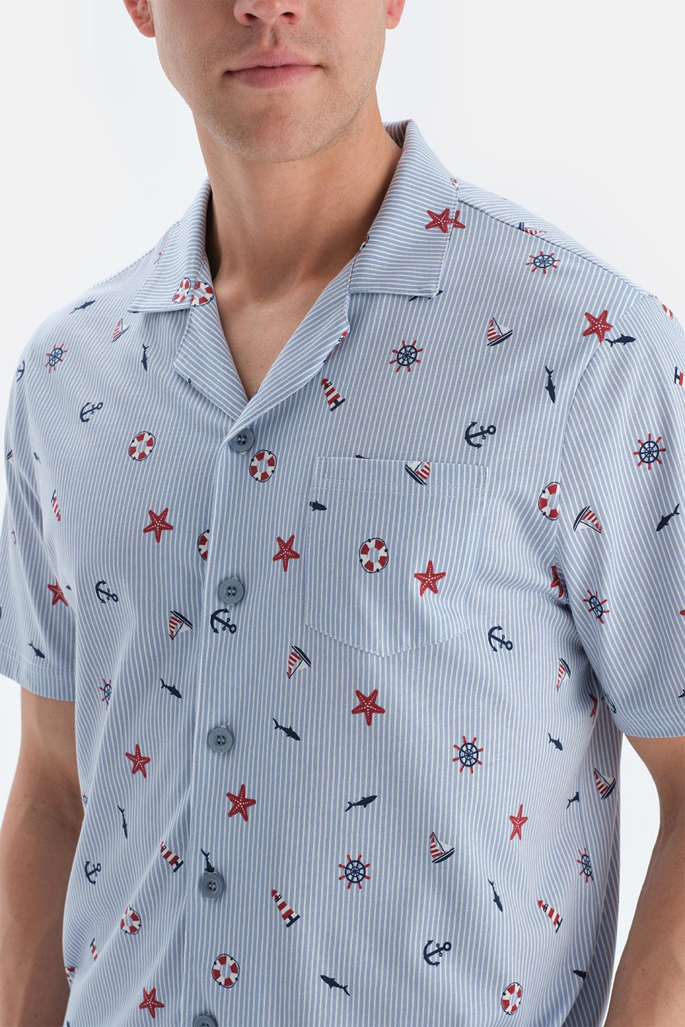 Açık Mavi Metraj Baskılı Gömlek Şort Pijama Takımı