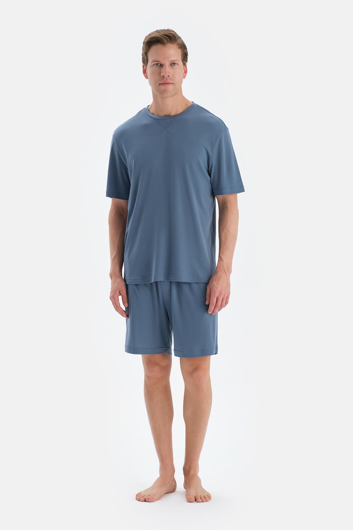 Mavi Cool Touch Dikiş Detaylı Tişört Şort Pijama Takımı