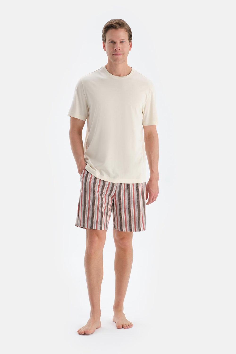 Ekru Kısa Kollu Tişört Şort Pijama Takımı
