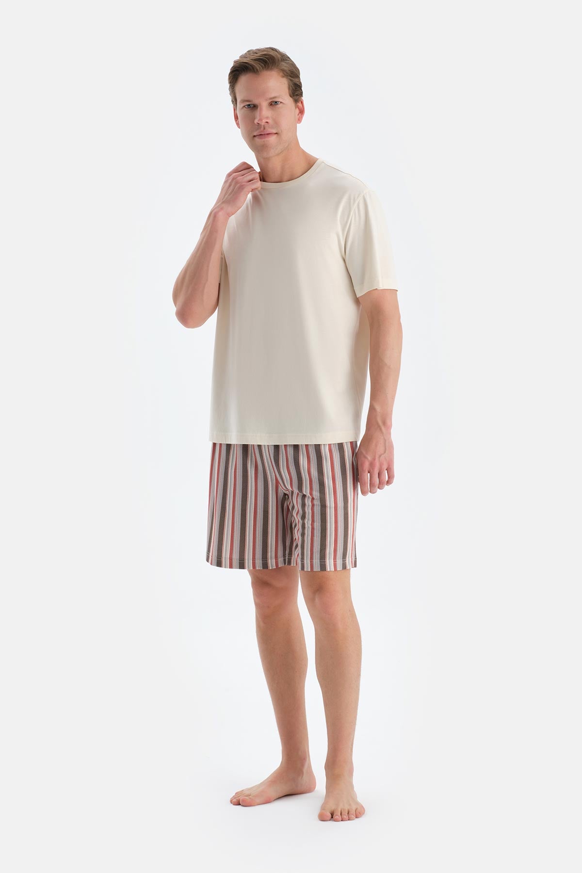 Ekru Kısa Kollu Tişört Şort Pijama Takımı