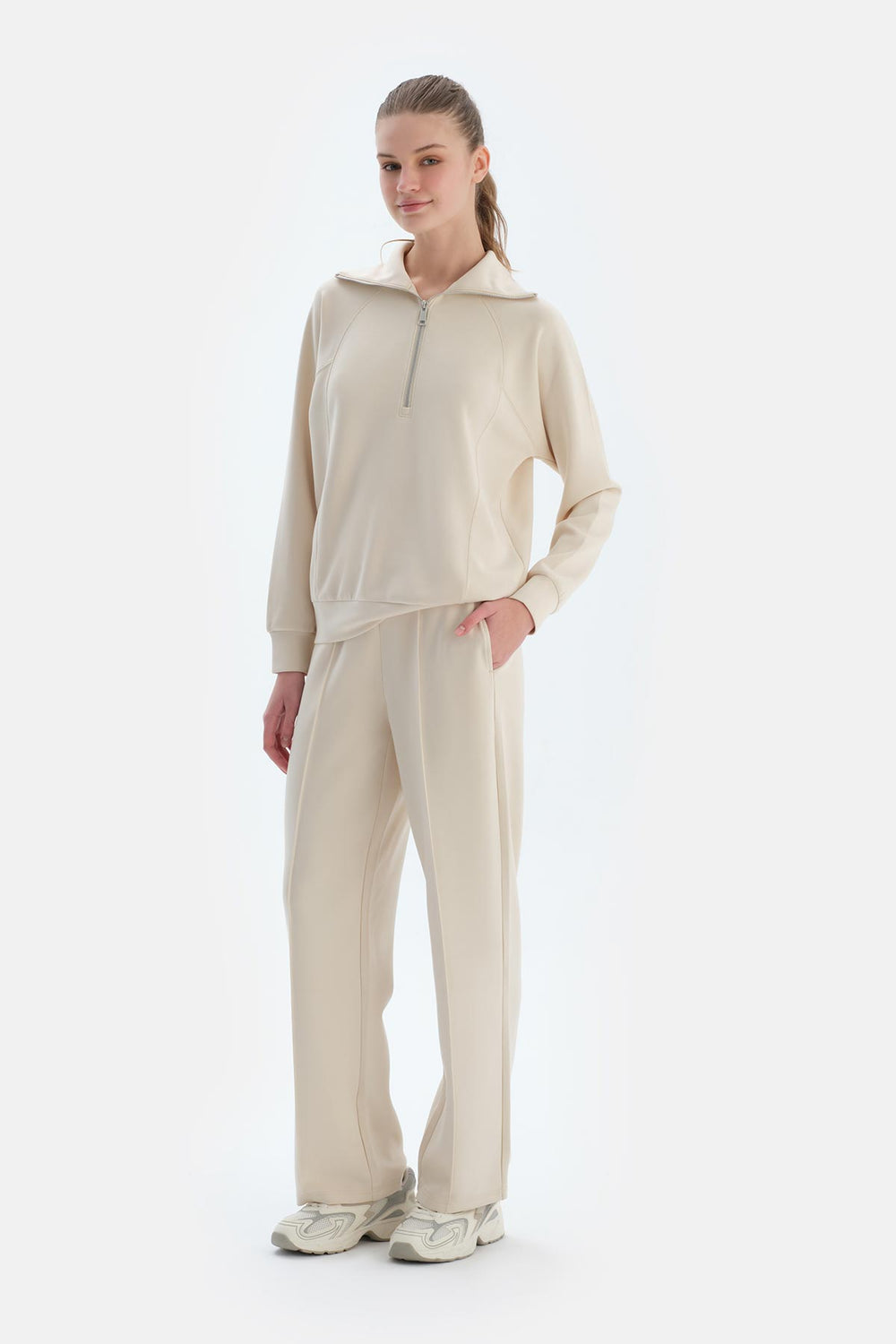 Ekru Kadın Yarım Fermuarlı Modal Sweatshirt