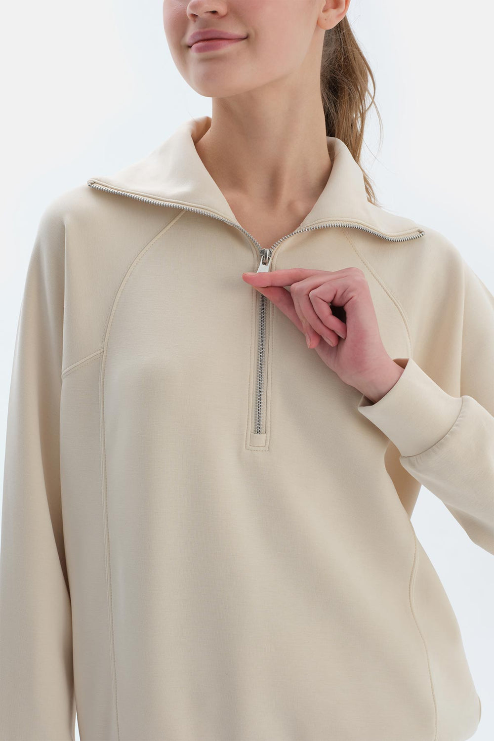 Ekru Kadın Yarım Fermuarlı Modal Sweatshirt