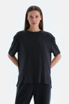 Siyah Kadın Modal Yırtmaç Detaylı Tişört