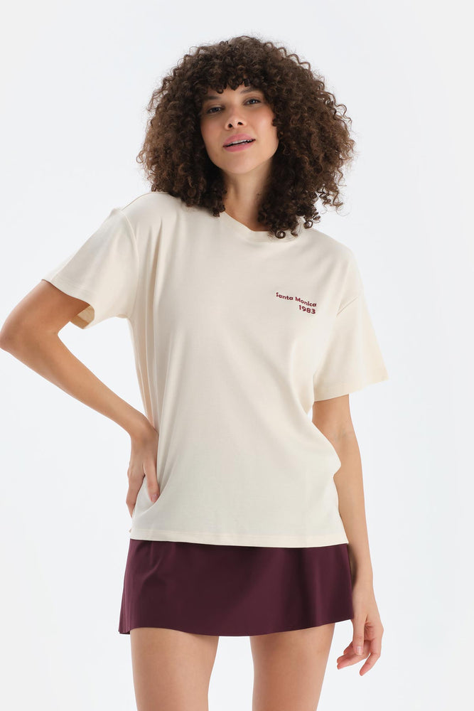 Ekru Kadın Slogan Baskılı Tişört