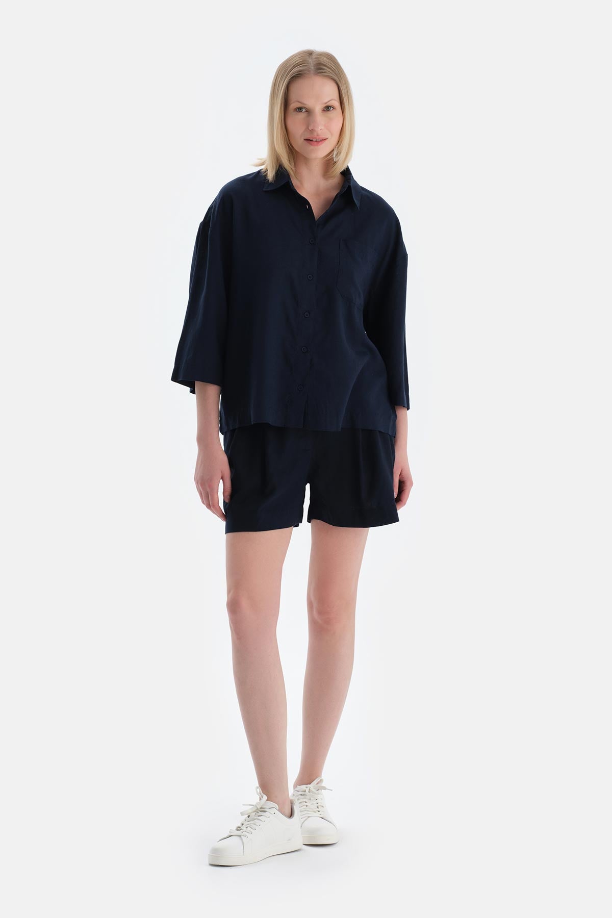 Lacivert Keten Dokuma Şort