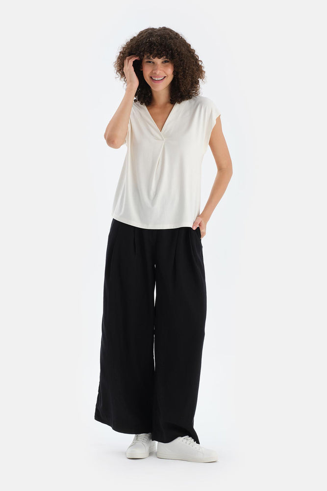 Siyah Keten Lyocell Karışımlı Dokuma Pantalon