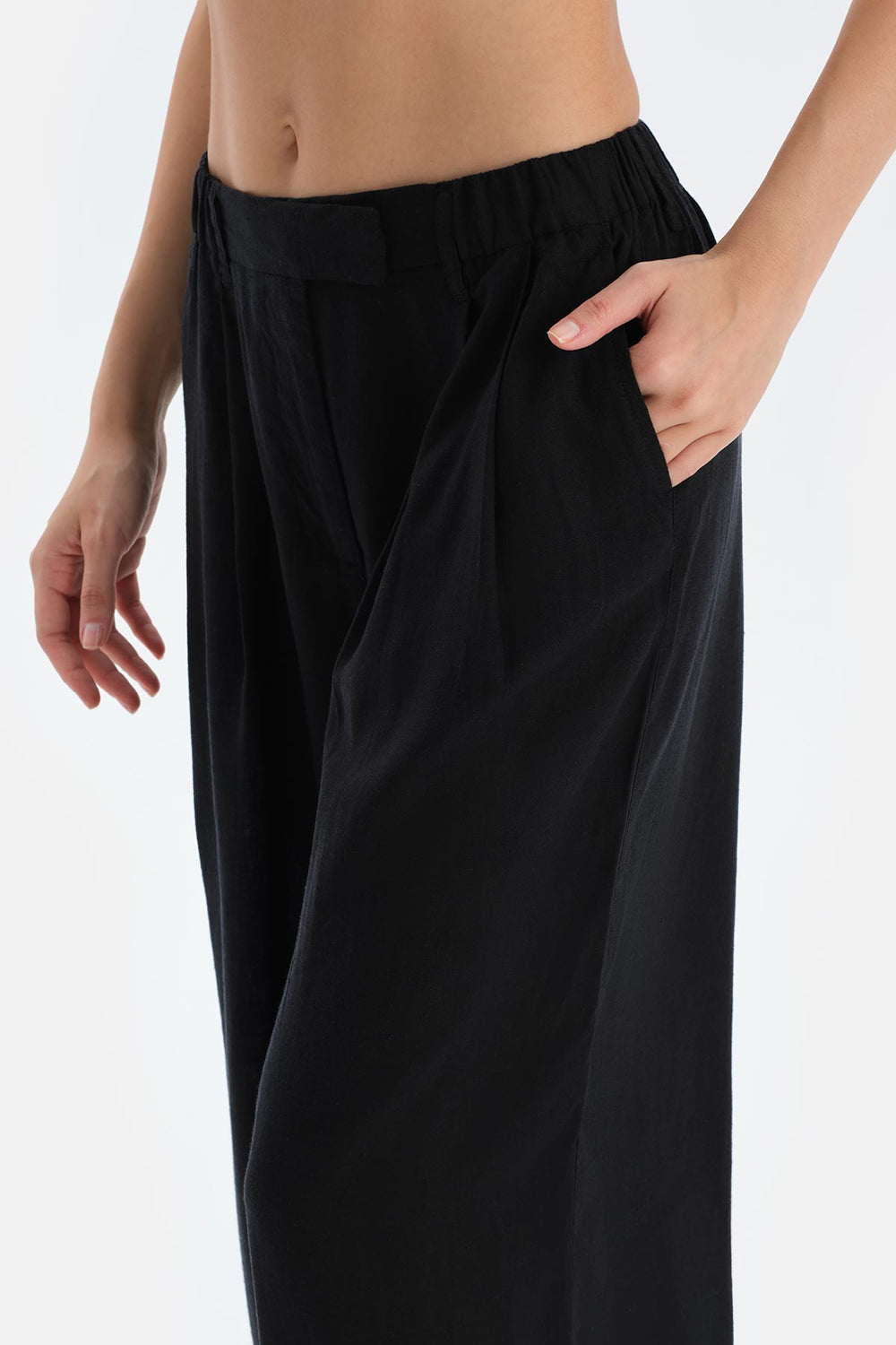 Siyah Keten Lyocell Karışımlı Dokuma Pantalon