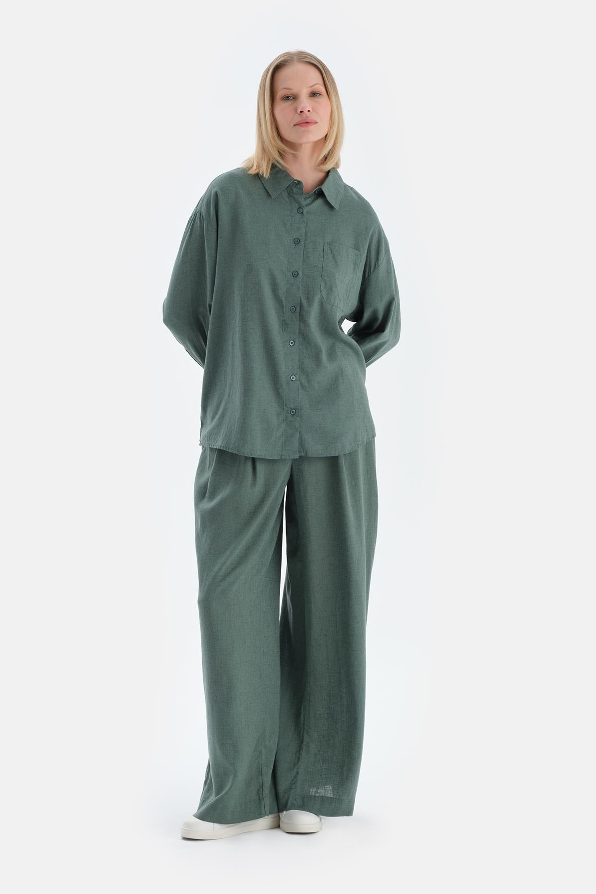 Yeşil Keten Lyocell Karışımlı Dokuma Pantalon