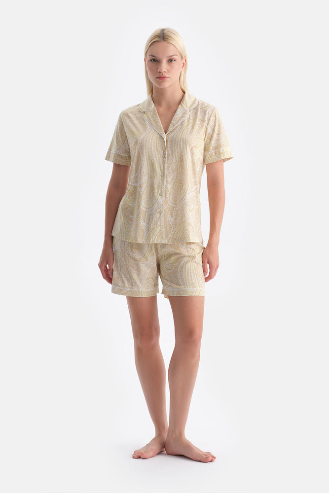 Açık Yeşil Şal Desenli Gömlek Şort Takım