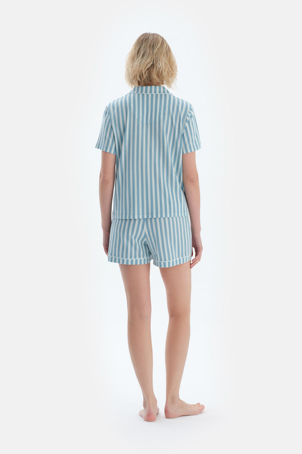 Ada Çayı Çizgi Baskılı Nakışlı Pamuk Modal Gömlek Şort Pijama Takımı