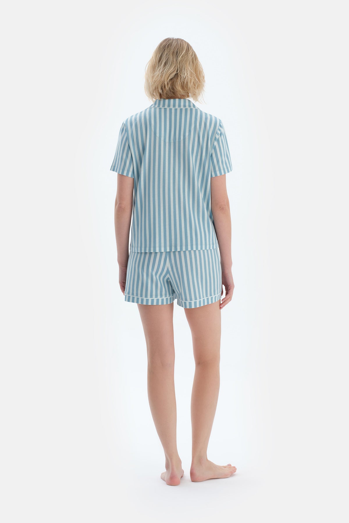 Ada Çayı Çizgi Baskılı Nakışlı Pamuk Modal Gömlek Şort Pijama Takımı