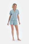Ada Çayı Çizgi Baskılı Nakışlı Pamuk Modal Gömlek Şort Pijama Takımı