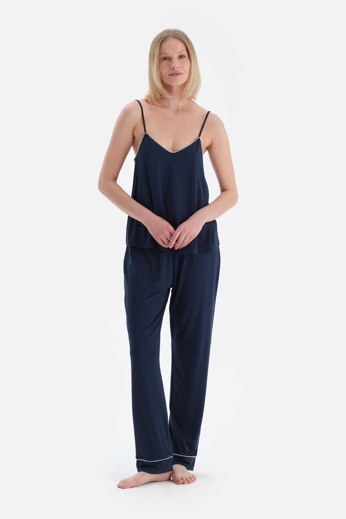 Lacivert V Yaka Ince Askılı Viskon Atlet Pantolon Pijama Takımı