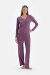Purple LACE GARNISHED VISCOSE T-SHIRT TROUSERS PAJAMA SET