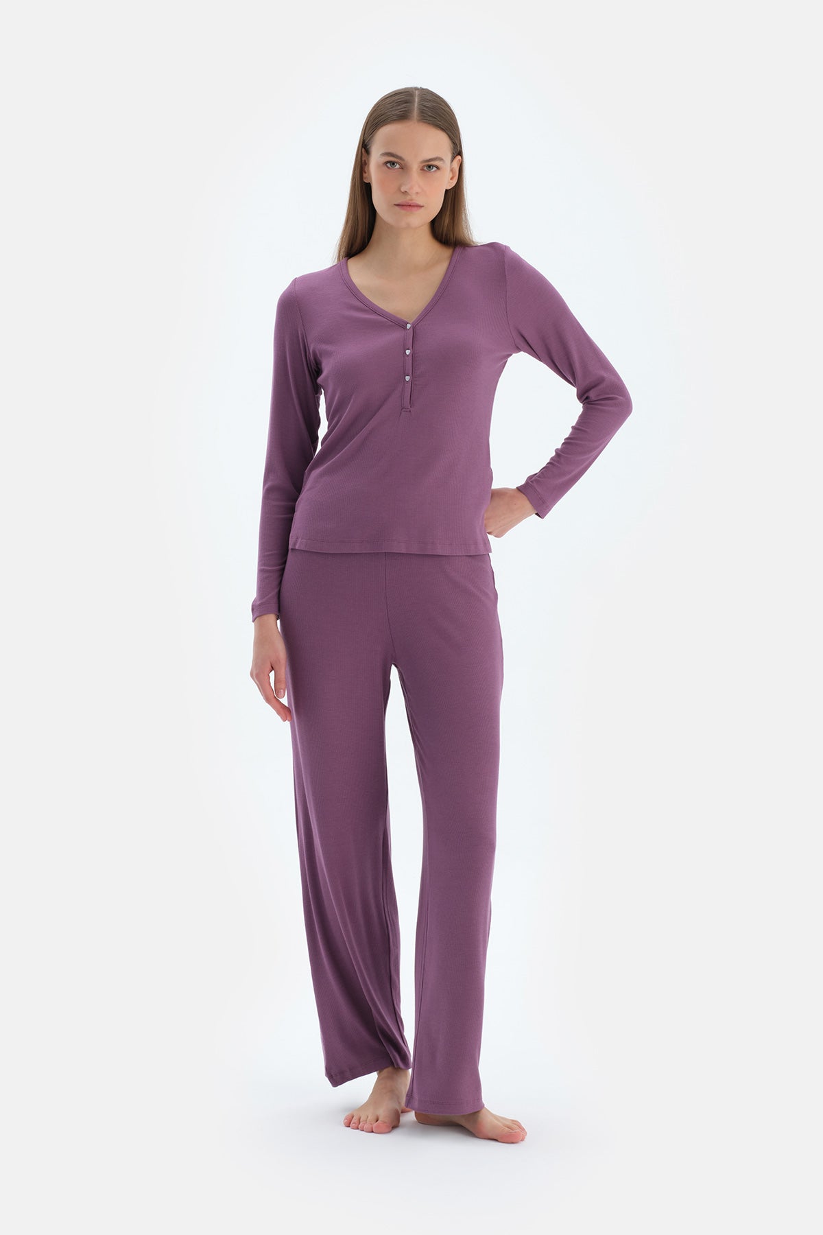 Purple LACE GARNISHED VISCOSE T-SHIRT TROUSERS PAJAMA SET