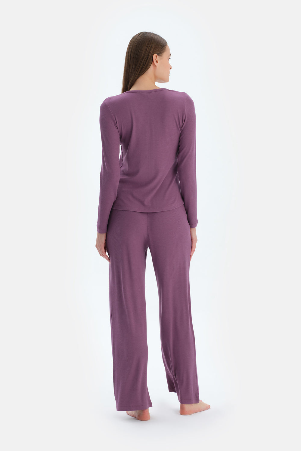 Purple LACE GARNISHED VISCOSE T-SHIRT TROUSERS PAJAMA SET