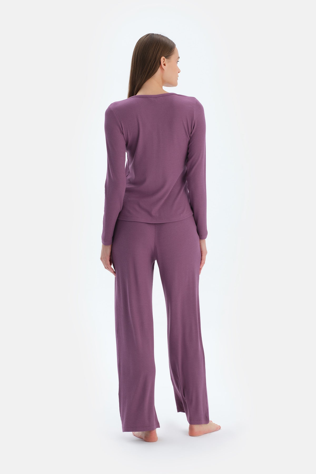 Purple LACE GARNISHED VISCOSE T-SHIRT TROUSERS PAJAMA SET
