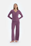 Purple LACE GARNISHED VISCOSE T-SHIRT TROUSERS PAJAMA SET
