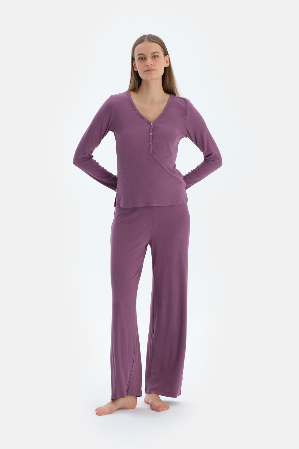 Purple LACE GARNISHED VISCOSE T-SHIRT TROUSERS PAJAMA SET