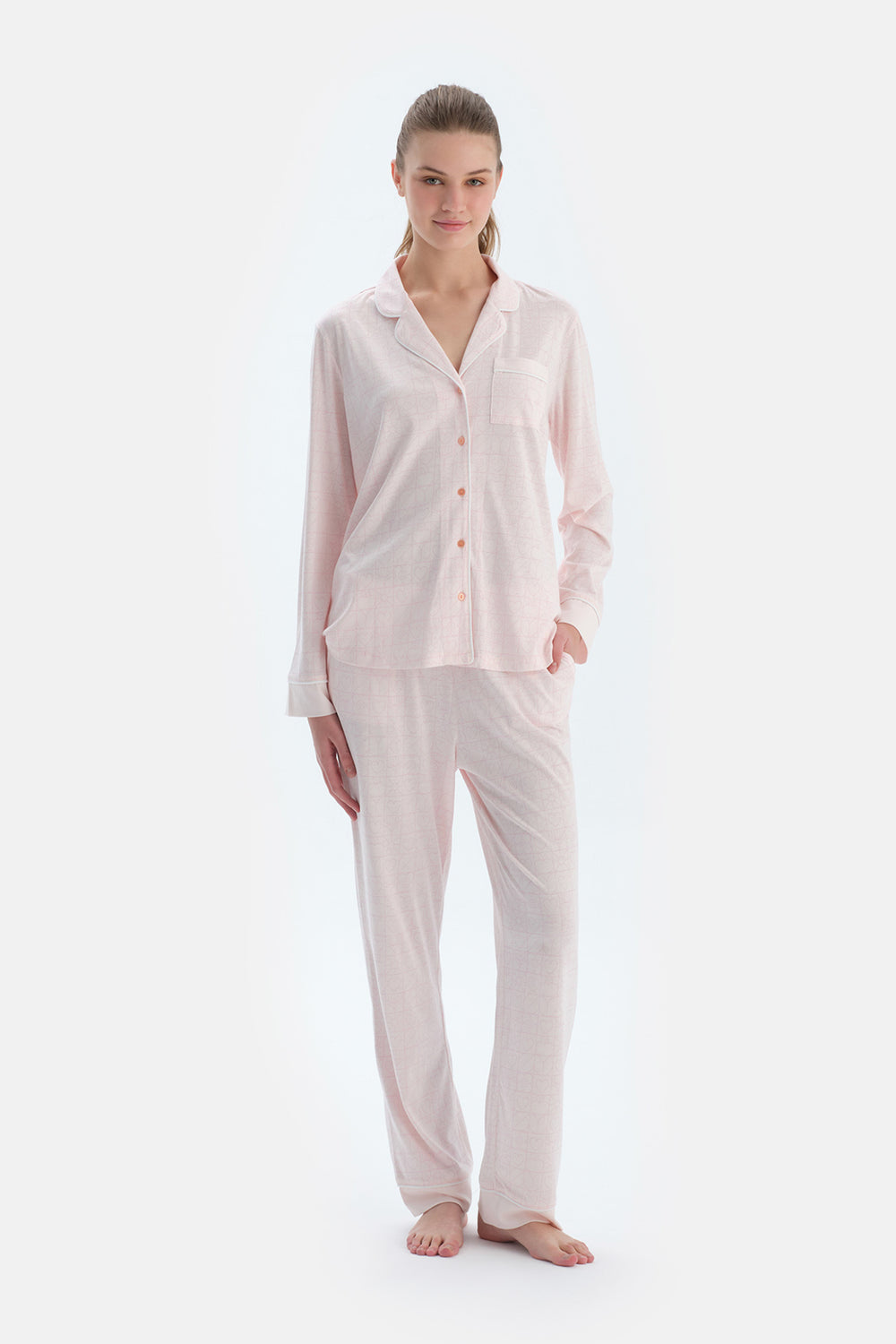 Açık Pembe Metraj Kalp Baskılı Gömlek Pantolon Pijama Takımı
