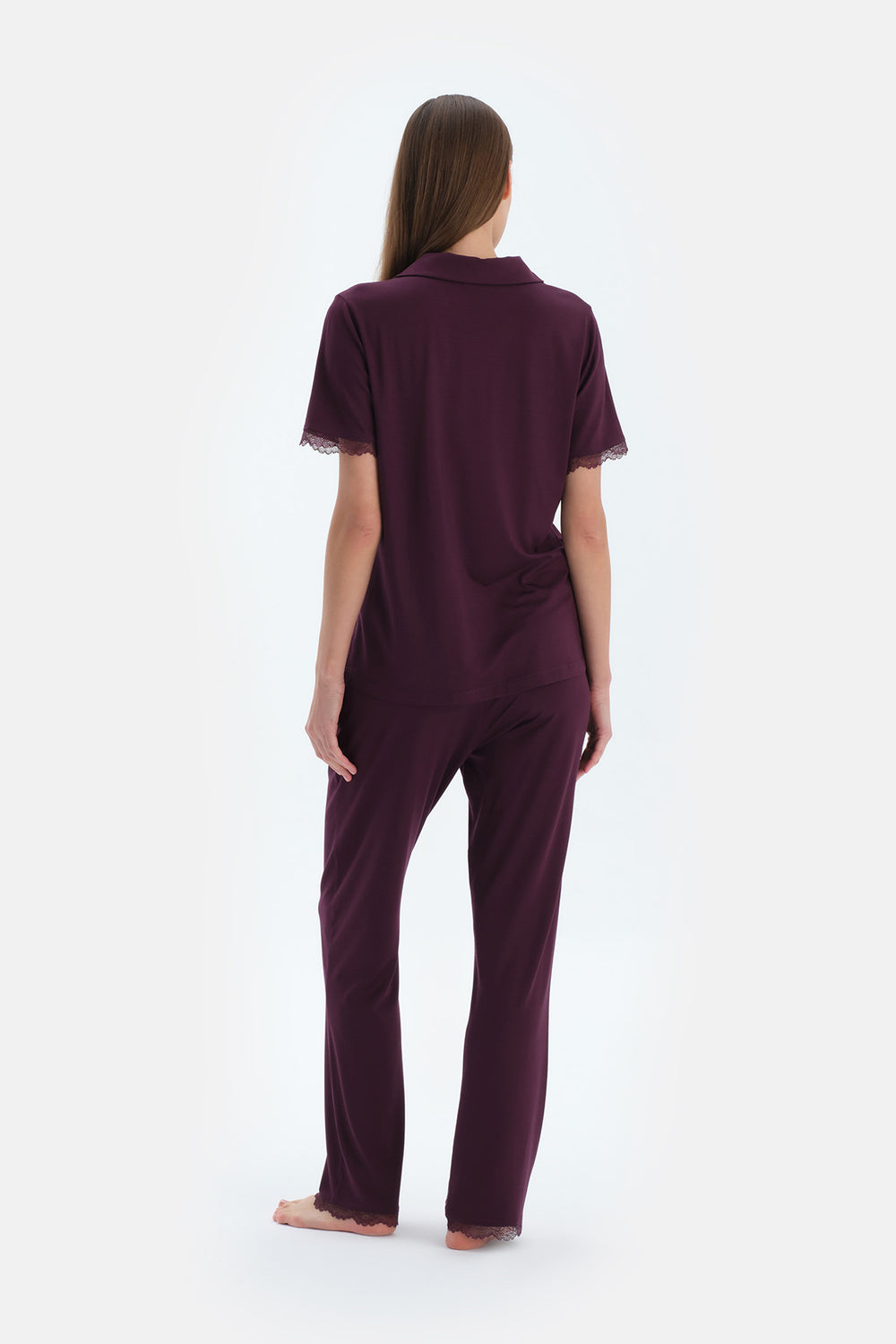 Mürdüm Nakış Ve Dantel Detaylı Gömlek Pantolon Pijama Takımı