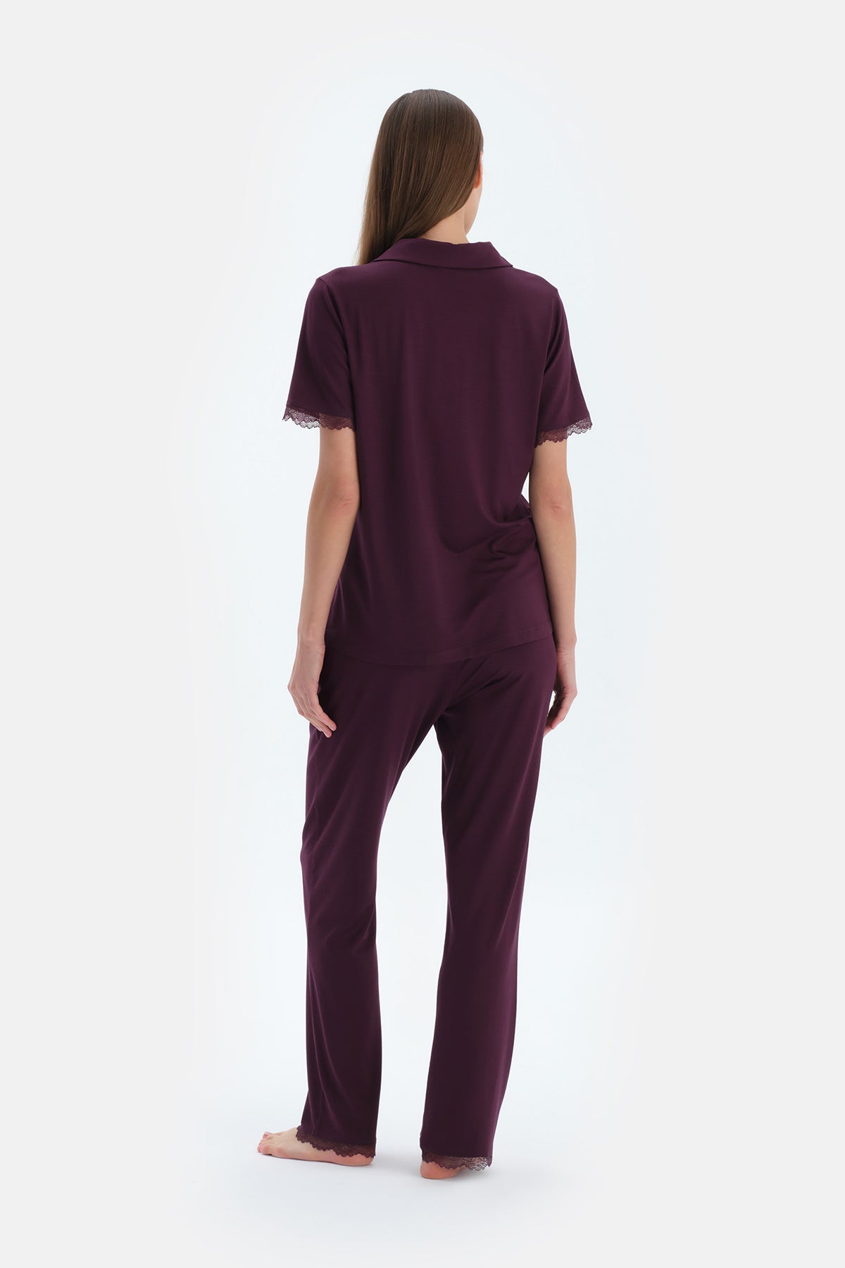 Mürdüm Nakış Ve Dantel Detaylı Gömlek Pantolon Pijama Takımı