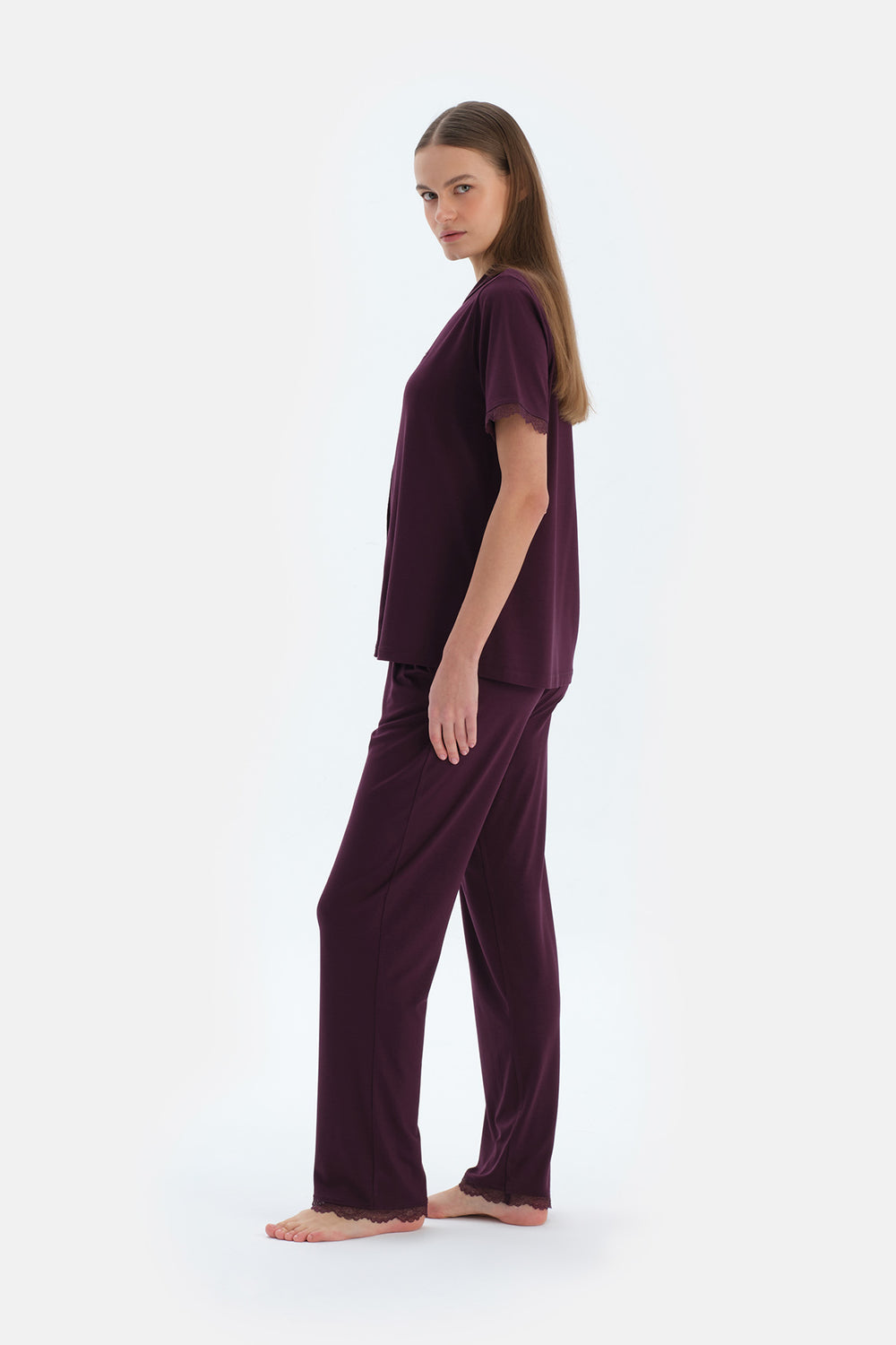 Mürdüm Nakış Ve Dantel Detaylı Gömlek Pantolon Pijama Takımı