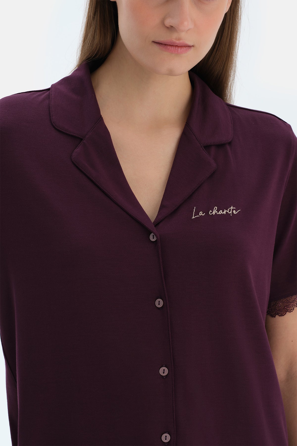 Mürdüm Nakış Ve Dantel Detaylı Gömlek Pantolon Pijama Takımı