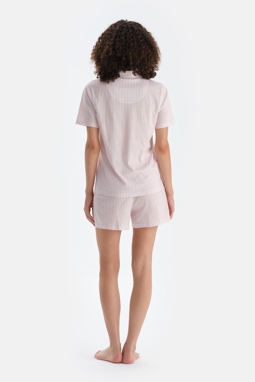 Açık Pembe Çizgili Penye Modal Gömlek Şort Pijama Takımı