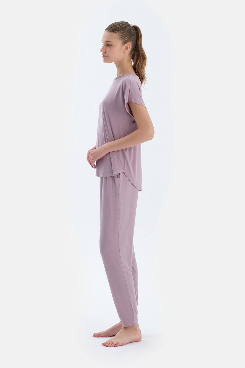Açık Lila Düşük Kollu Modal Tişört Pantolon Pijama Takımı