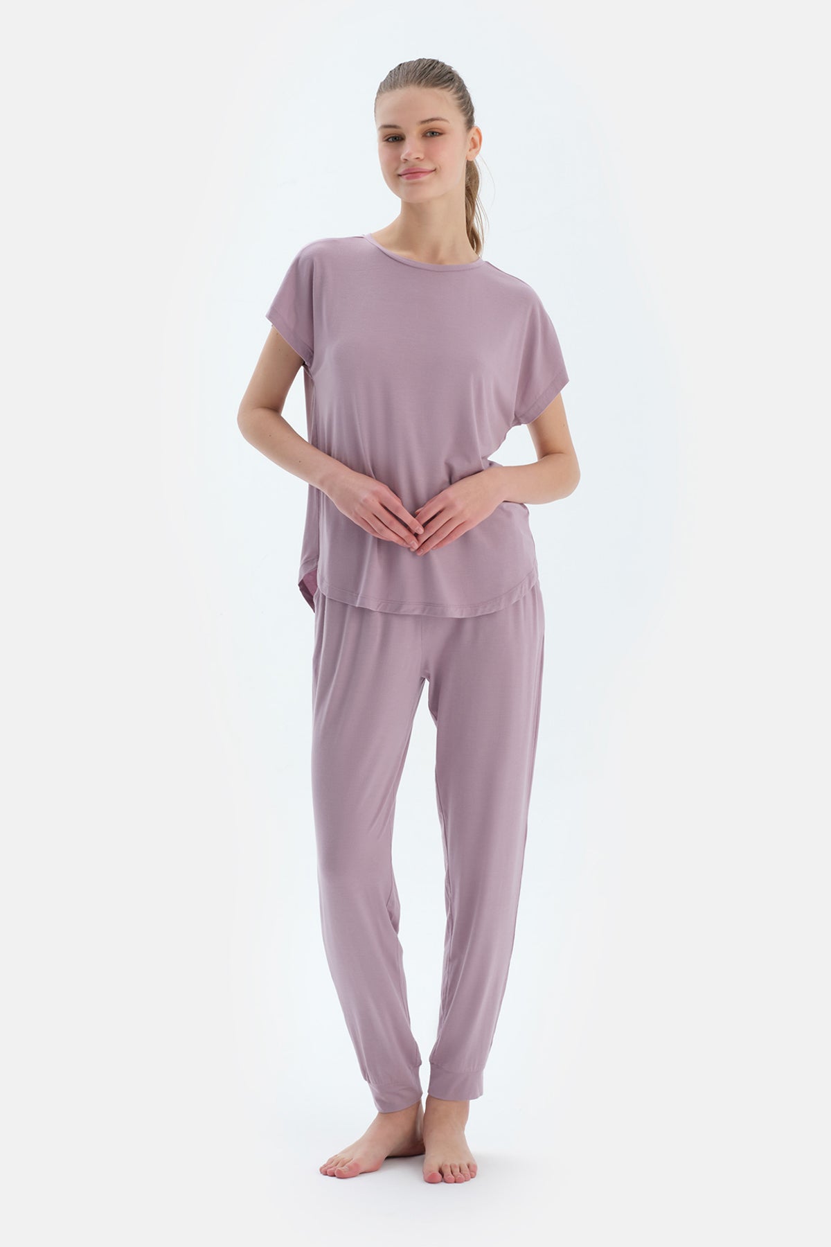 Açık Lila Düşük Kollu Modal Tişört Pantolon Pijama Takımı