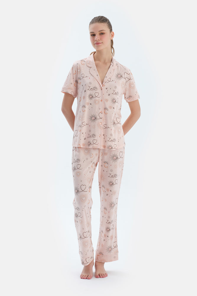 Pembe Metraj Baskılı Penye Modal Gömlek Pantolon Pijama Takımı
