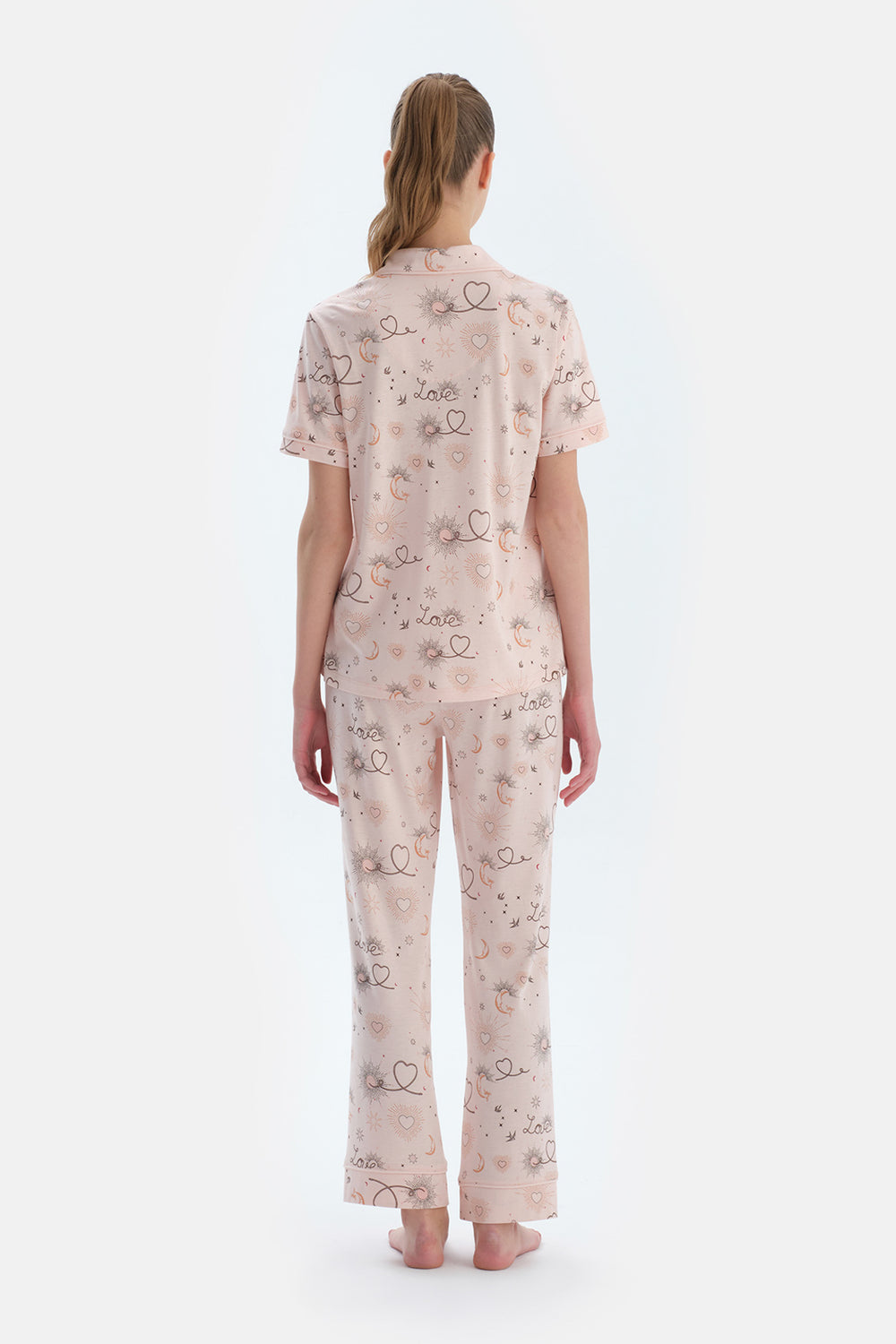 Pembe Metraj Baskılı Penye Modal Gömlek Pantolon Pijama Takımı