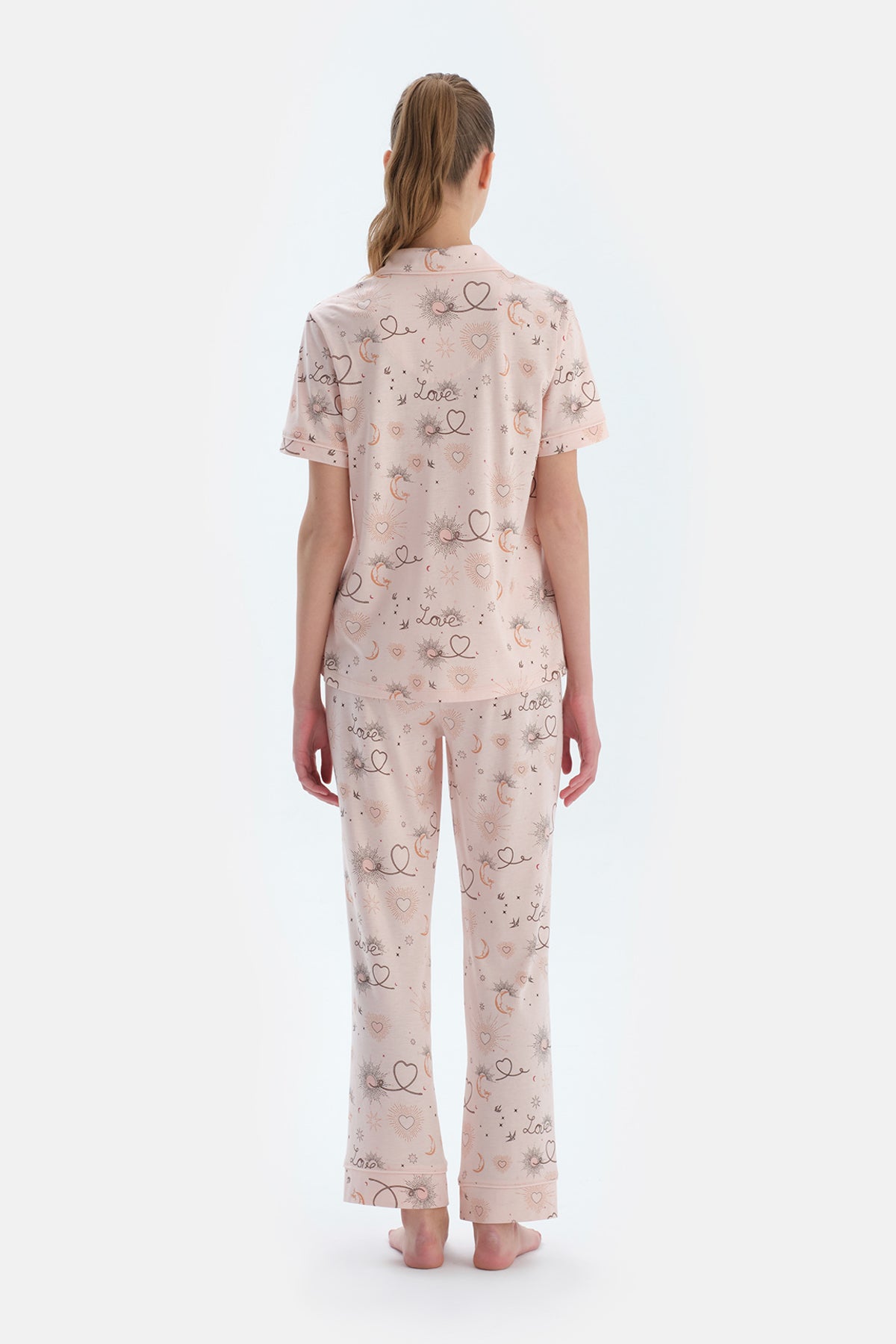 Pembe Metraj Baskılı Penye Modal Gömlek Pantolon Pijama Takımı