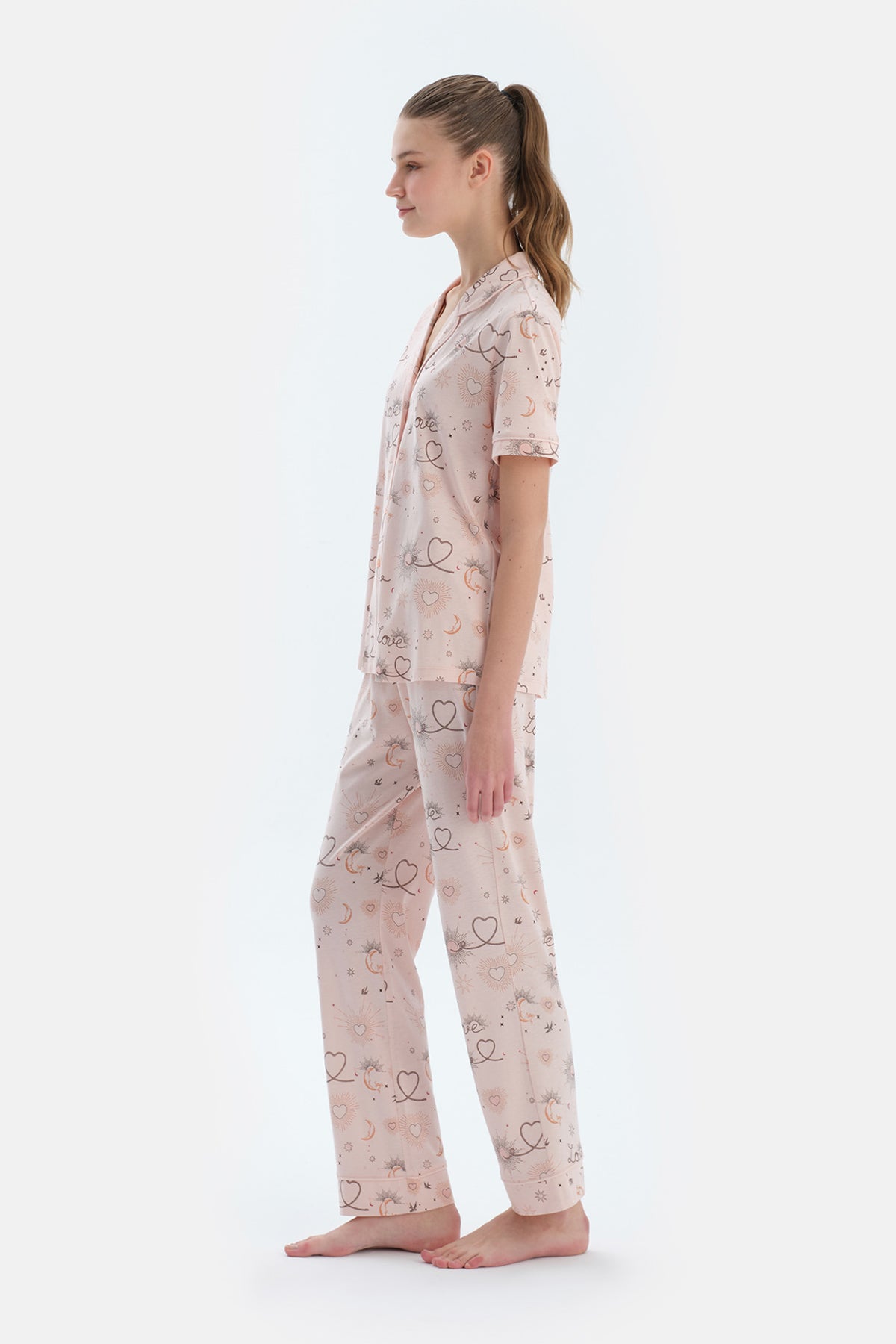 Pembe Metraj Baskılı Penye Modal Gömlek Pantolon Pijama Takımı