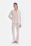 Ekru Kalp Ve Çizgi Baskılı Penye Modal Gömlek Pantolon Pijama Takımı