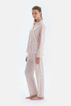 Ekru Kalp Ve Çizgi Baskılı Penye Modal Gömlek Pantolon Pijama Takımı