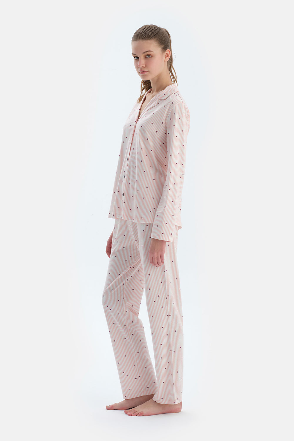 Ekru Kalp Ve Çizgi Baskılı Penye Modal Gömlek Pantolon Pijama Takımı