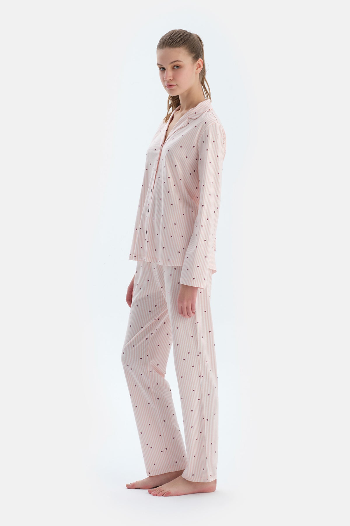 Ekru Kalp Ve Çizgi Baskılı Penye Modal Gömlek Pantolon Pijama Takımı