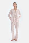 Ekru Kalp Ve Çizgi Baskılı Penye Modal Gömlek Pantolon Pijama Takımı