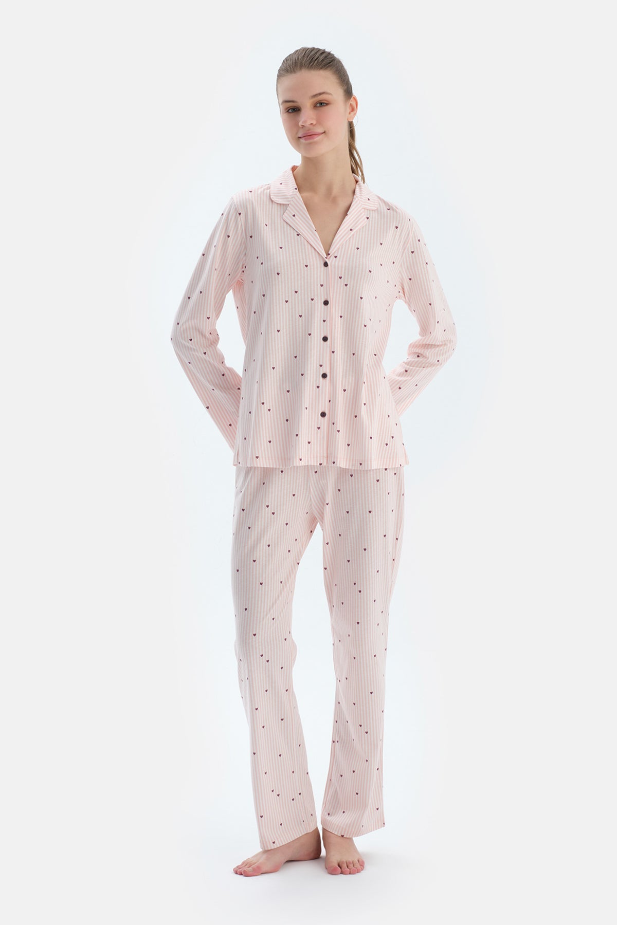 Ekru Kalp Ve Çizgi Baskılı Penye Modal Gömlek Pantolon Pijama Takımı